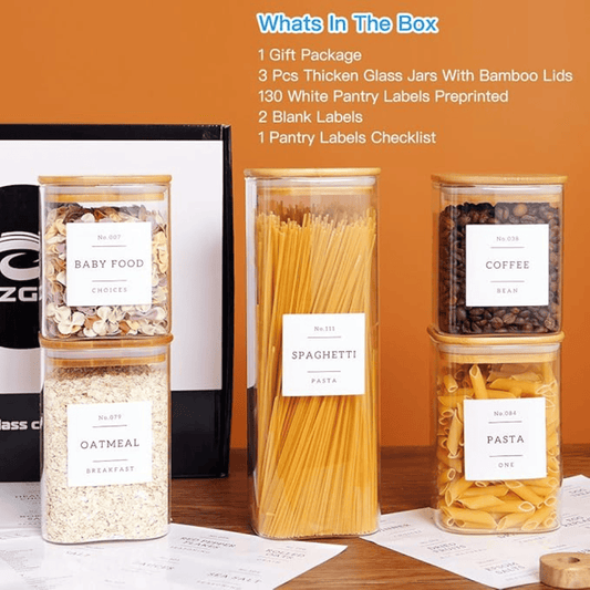 Set of 5 Airtight Glass Jars with Bamboo Lids - Includes 132 Pantry Labels