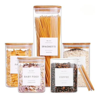 Set of 5 Airtight Glass Jars with Bamboo Lids - Includes 132 Pantry Labels