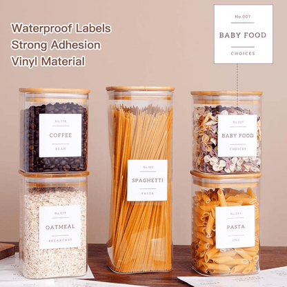 Set of 5 Airtight Glass Jars with Bamboo Lids - Includes 132 Pantry Labels