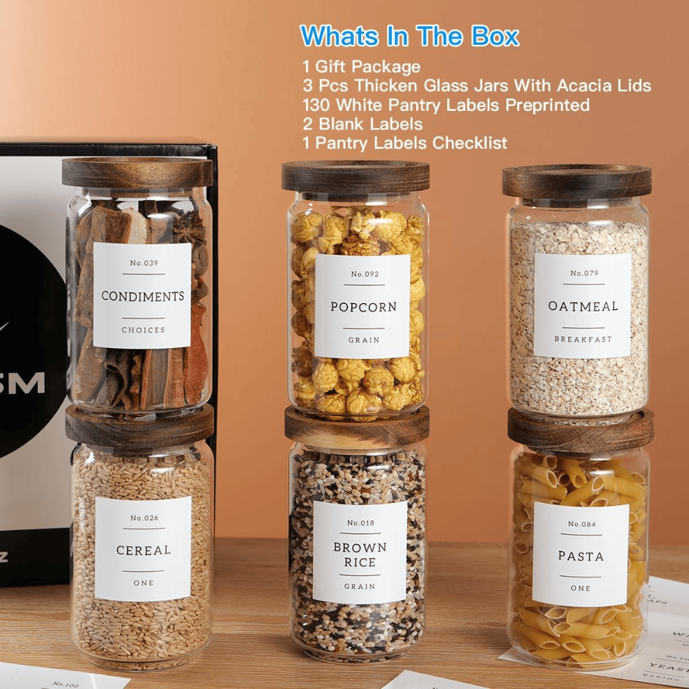 Set of 6 Round Airtight Glass Jars with Acacia Wood Lids - Includes 132 Labels