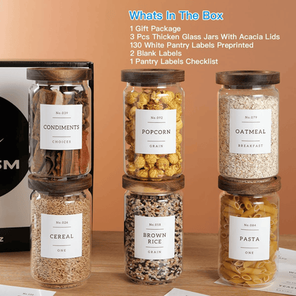 Set of 6 Round Airtight Glass Jars with Acacia Wood Lids - Includes 132 Labels