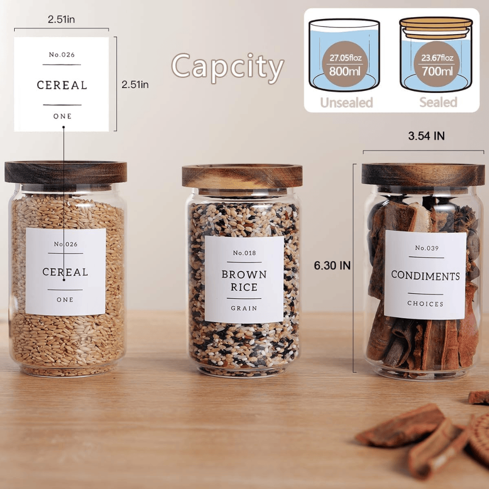 Set of 6 Round Airtight Glass Jars with Acacia Wood Lids - Includes 132 Labels