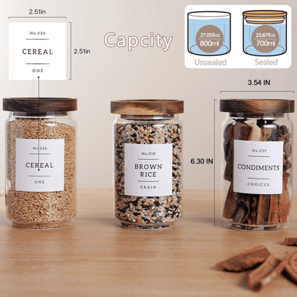 Set of 6 Round Airtight Glass Jars with Acacia Wood Lids - Includes 132 Labels