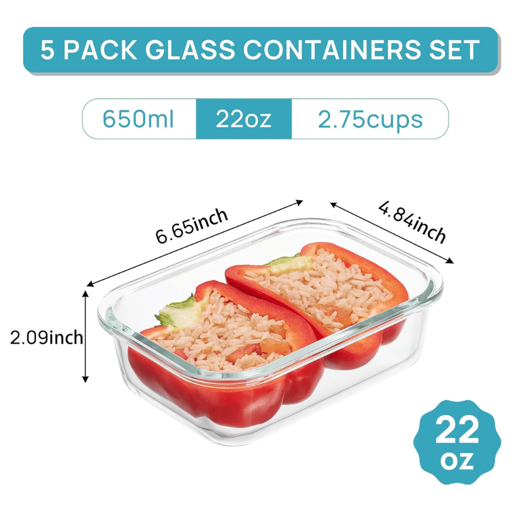 Set of 5 Glass Meal Prep Containers with Grey Airtight Lids