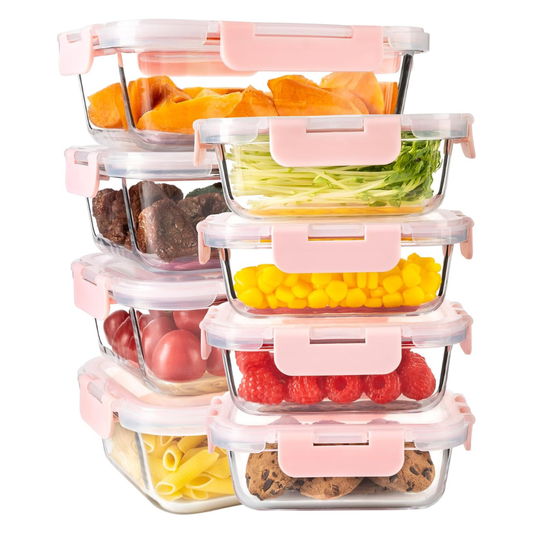 8-Pack Mixed Glass Meal Prep Containers with Pink Airtight Lids