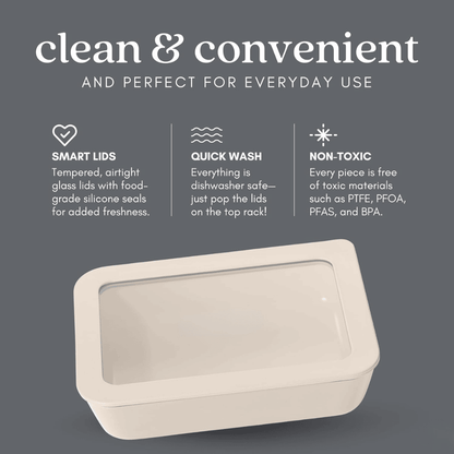 Ceramic Coated Glass Meal Prep Containers with Glass Lids - Crema