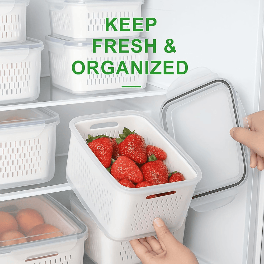 Set of 3 Fridge Produce Savers with Removable Drain Baskets - Beige