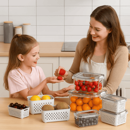 Set of 3 Fridge Produce Savers with Removable Drain Baskets - Beige